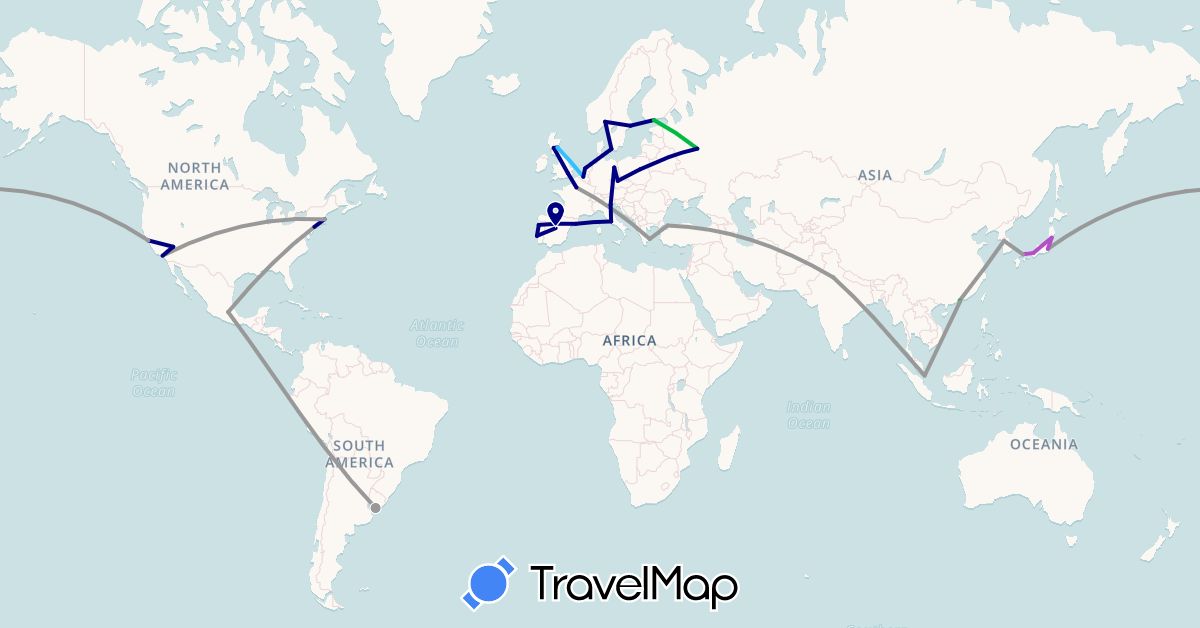 TravelMap itinerary: driving, bus, plane, train, boat in Belgium, China, Czech Republic, Germany, Denmark, Spain, Finland, France, United Kingdom, Greece, India, Italy, Japan, South Korea, Mexico, Netherlands, Norway, Poland, Portugal, Russia, Sweden, Singapore, Turkey, United States, Uruguay (Asia, Europe, North America, South America)