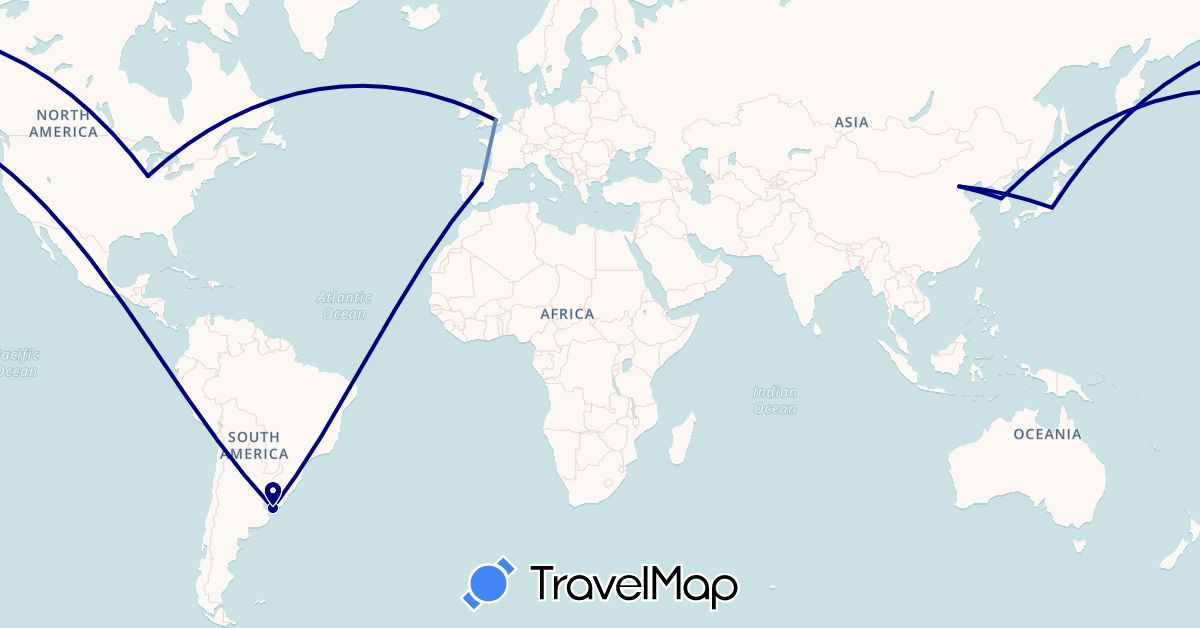 TravelMap itinerary: driving, cycling in China, Spain, United Kingdom, Japan, South Korea, United States, Uruguay (Asia, Europe, North America, South America)