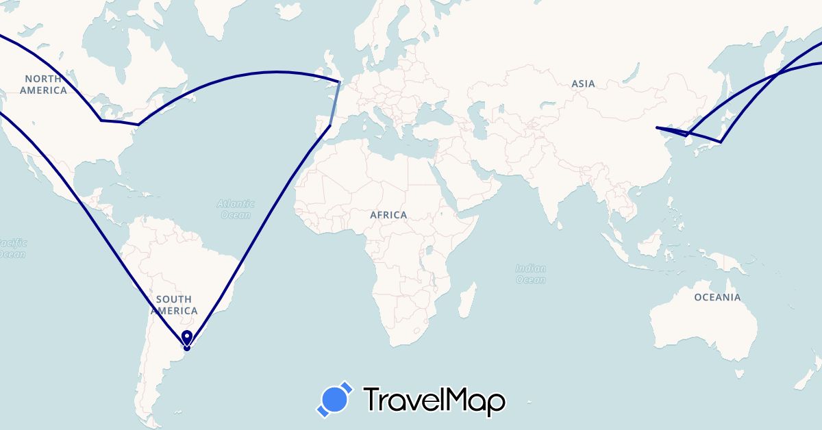 TravelMap itinerary: driving, cycling in China, Spain, United Kingdom, Japan, South Korea, United States, Uruguay (Asia, Europe, North America, South America)